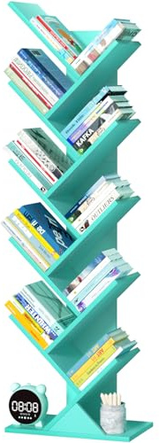 LELELINKY Kleines, schmales Bücherregal in Baumform, 10 Ablagen, Grün | 34 × 20 × 101 cm, Kompaktes Standregal, für Bücher, CDs und Zeitschriften, für Wohnzimmer Schlafzimmer und Büro kleine Räume