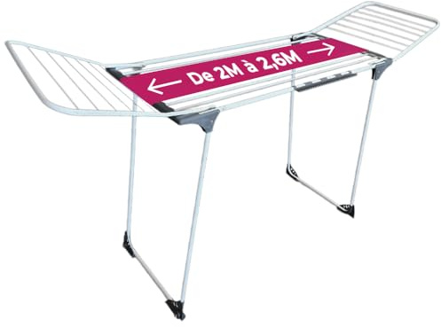 CORIBI Étendoir à Linge XXL Plus- Extensible jusqu'à 2 m - capacité 30 m - Ailes Hautes - Deux Accessoires Porte-Chaussettes