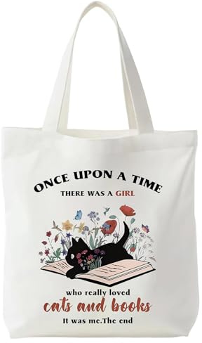 Yoljun Stoffbeutel Bedruckt Damen, Buch- und Katzenmuster Baumwolltasche, Niedlich Büchertasche mit stabilen Henkeln, Modischer Jutebeutel bedruckt für Book Lovers Damen Einkaufen Schule Geschenk