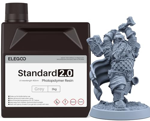 ELEGOO 3D Drucker Standard Resin, Standard Photopolymer Resin Grau 2.0 2KG | 405nm LCD-UV-härtendes Harz, hohe Zähigkeit, exzellente Fließfähigkeit, schlagzähes Harz für LCD 3D-Drucker
