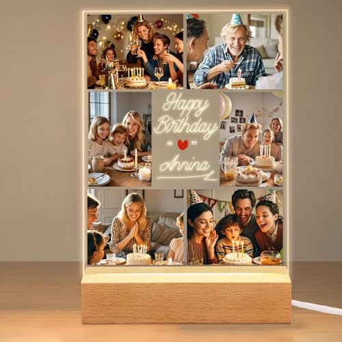 Personalised Custom Collage Picture Frame with Photos,Personalised Acrylic Plaque with Night Light – Unique Birthday Gift for Women, Men, Mum, Baby, Kids, Family and Friends