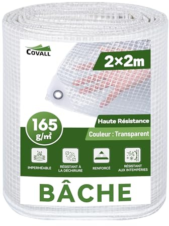 COVALL 2m x 2m Clear Tarpaulin Waterproof Heavy Duty, 165GSM Reinforced Transparent Tarp with Mesh Support Rubber Strengthened Corners - Tear-resistant Cover for Outdoor Garden Greenhouse Groundsheet