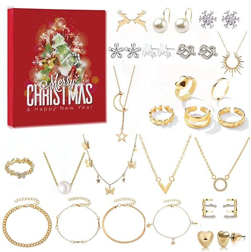 Schmuck Adventskalender 2026 Frauen Mädchen Weihnachtskalender Gold Schmuck | 24 Überraschungen Gold Ohrringe Halsketten Ringe Armbänder Countdown Kalender Adventskalender Weihnachten Geschenk Teenager