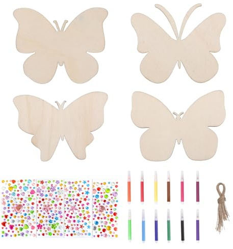 24 Stück Kindergeburtstag Basteln, Basteln Kinder Ab 4 Jahre,Vier Verschiedene Schmetterlings-Malvorlagen Aus Holz Mit Diamant-Aufkleber,Malvorlage Diy-Set