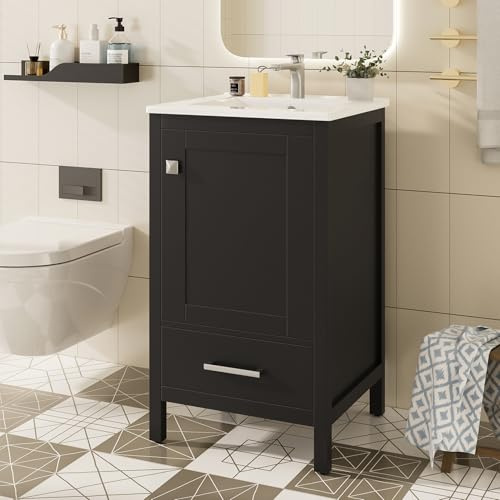 Merax 20 Bathroom Vanity with Ceramic Sink, Soft-Close Drawer & Door, Double-Layer Door Organizer, Divider Drawer, Adjustable Foot Pads, Modern Freestanding Storage Cabinet for Small Bathrooms