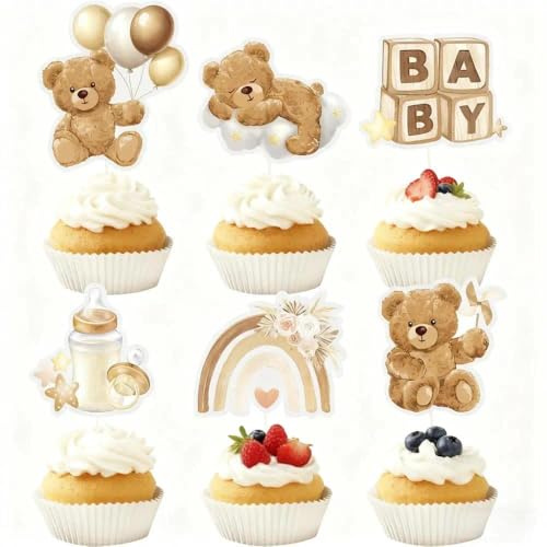 AYZDJ 24 adornos para cupcakes de oso marrón para baby shower, adorables decoraciones de pastel de oso de peluche para fiestas de revelación de género, baby shower y celebraciones de cumpleaños
