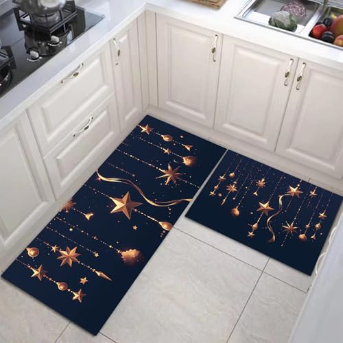 MULERN Küchenteppich Läufer 2 Stück, Kunst Dekorationen Weihnachten Sterne rutschfest Waschbar Küchenläufer, Anti-Müdigkeit Küchenmatte, Weich Teppich für Küche Flur Dunkelblau, 40x60cm+40x120cm