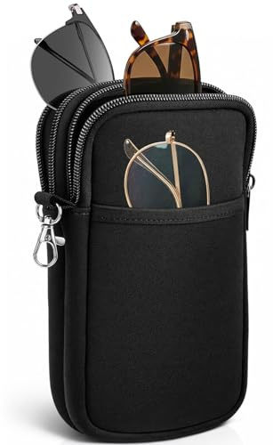 BTHRORO Étui Lunettes Souple Double, Portable Néoprène Etui a Lunette Rangement Pochette Lunette avec Fermeture Eclair Mousqueton Porte Boite à Lunettes pour Hommes Femmes