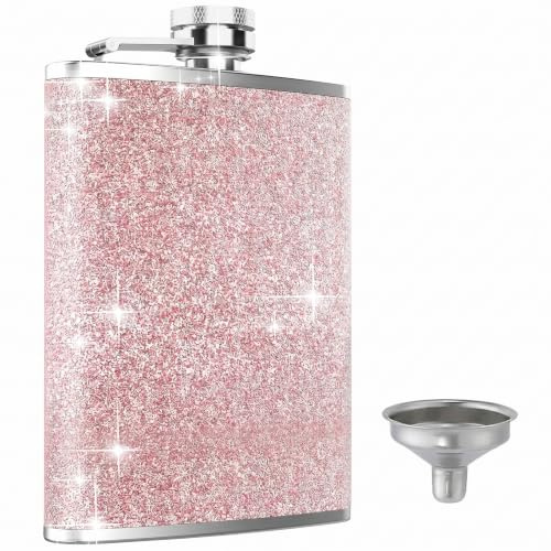 8 Oz Hip Flask,Pink Hip Flasks for Women and Men,Flask Alcohol,Sparkling Pocket Decorative Bottle,Portable Stainless Steel Alcohol Flasks for Camping,Barbecue,Party,Drinking,Festival,Barbecuing,Bar