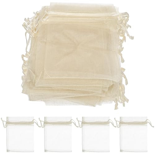 CHILDWEET Kleine Organza Beutel zum Befüllen 100 Stück mit Kordelzug Leichte Schmuckverpackungsbeutel aus Beige Organza für Alltag und Babypartys