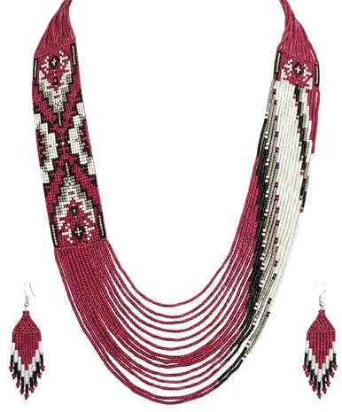 WORLD WIDE GEMS Collana Gerdan ucraina color orchidea cremisi con set di orecchini, perline tradizionali, gioielli ucraini multicolore fatti a mano |WW_UKRN_0749