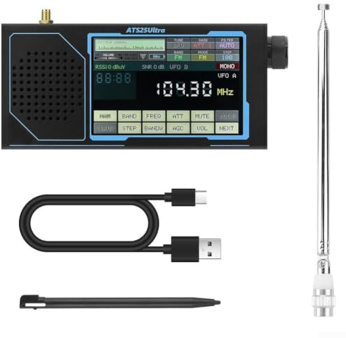 ATS25 Receptor de banda de ultra aviación, radio FM-SW-SSB-LW-VHF con pantalla táctil de 4 pulgadas, radio portátil WiFi 5000mAh VHF