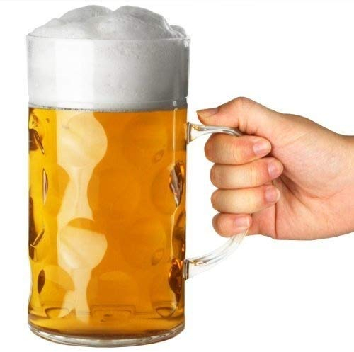 Drinkstuff Plastic Beer Stein – German-Style 2-Pint (1L) Dimpled Beer Glass, Reusable Polystyrene Tankard with Handle for Festivals, Outdoor Events & Bars