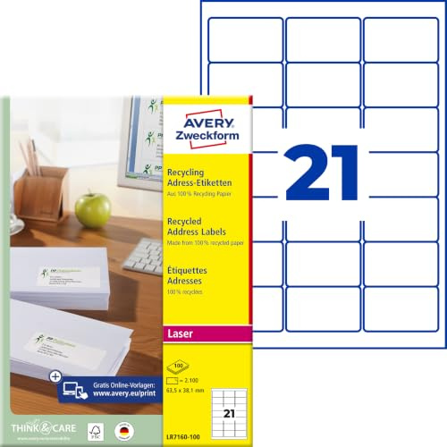 AVERY Zweckform LR7160-100 Recycling Etiketten (2.100 Adressaufkleber, 63,5x38,1mm auf A4, 100% recyceltes Altpapier, bedruckbar, selbstklebend, für DIN B6/C6 Briefkuverts) 100 Blatt, naturweiß