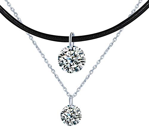 Yumilok Damen Choker Doppel Kette 925 Sterling Silber Halskette mit Zirkonia Anhänger Schwarz Seil PU-Leder Halsband