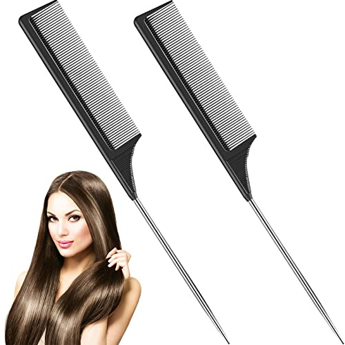 Leinuosen 2 Pack Rat Tail Combs with Parting Tip Steel Pin for Women Teasing Comb for Sectioning, Parting, Splitting, Styling Hair Stainless Steel Metal Pintail Carbon Fiber Heat Resistant