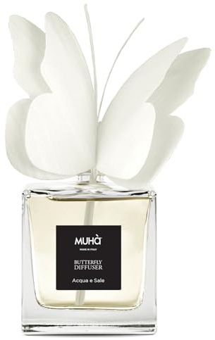 Muhà Duftdiffusor 80 ml. Butterfly Diffuser aus Glas und Holz, Maße: 118 x 139 x 152 mm. Farbe Weiß und Frankreich: Wasser und Salz. Referenz: G06