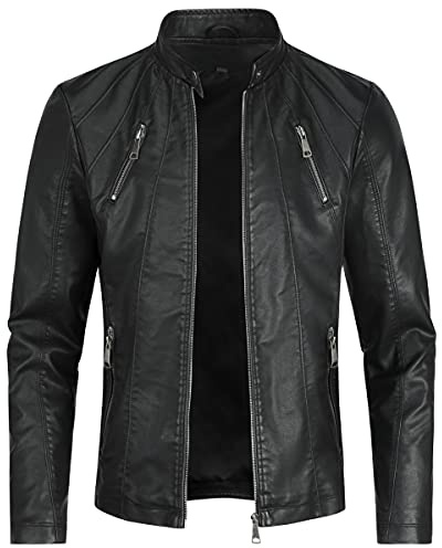 Sliktaa Hommes Blouson en Similicuir Écologique d'hiver avec Un Col Montant Haut de Transition Matelassee Moto Pilote Zippé Fermeture Eclair Casual Veste en Cuir Cool Classique - Noir - XXL