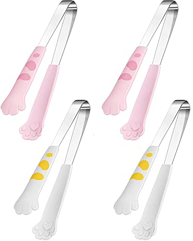 ORYOUGO Lot de 4 mini pinces en silicone en forme de patte de chat - 12 cm - En acier inoxydable - Pour salade, buffet, sucre, glaçons, barbecue