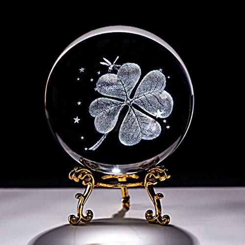 VVW&LIU 6CM Kristallkugel Vierbl?ttriges Kleeblatt Miniaturen 3D Gravierte Glaskugel Briefbeschwerer Heimdekoration Ornamente Geschenke Figur,Mit Goldener Basis,60mm