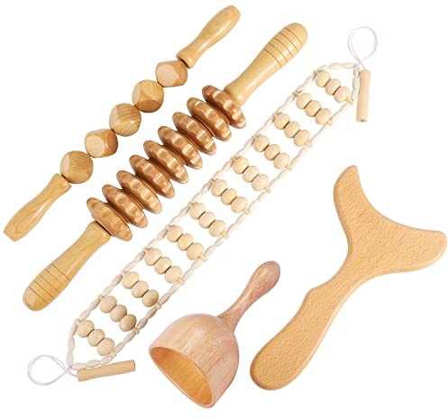OYHMC Wood Therapy Massage Tools Professional Maderoterapia Kit Body Sculpting Tools for Lymphatic Drainage and Anti-Cellulite.Wood Massager Roller Rpoe for Back and Muscle Pain Relief (5pcs)