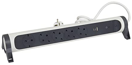 LEGRAND Regleta de enchufes con protección contra sobretensión, USB, con Interruptor, Enchufe múltiple con 5 Tomas de Corriente, Cable de 1,5 MTS., Color Blanco/Gris Oscuro 694510