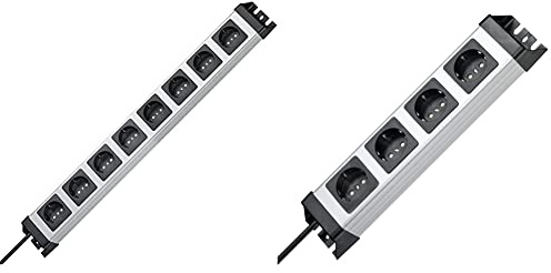 Kopp 226920014 Powerversal Steckdosenleiste, 8-Fach, IP 20, Grau, Schwarz & Powerversal Steckdosenleiste 4-Fach, 1,40 m Zuleitung, 3600W/16A, 90° gedrehte Anschlüsse, mit Schutzkontakt, Silber-Schwarz