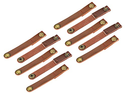Sourcing Map Pack of 10 Leather Cable Straps Cord Organizer 90x12mm Portable Cable Leather Clips Light Brown Earphone Cord Management
