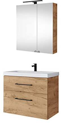 Planetmöbel Badmöbel Set Waschtisch mit Unterschrank 63 x 60 x 36,5 cm, Spiegelschrank 60 cm mit LED-Leuchte (schwarz matt) & Steckdose, Moderne Badezimmer Möbel, Gold Eiche