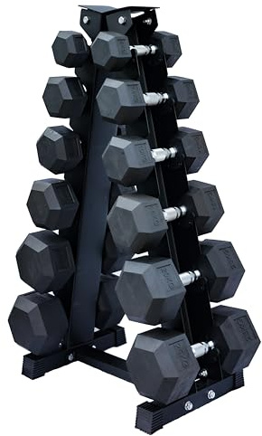 Strongway® Hex Dumbbells Set with Weights Storage Rack Stand Tree 5KG-25KG 2.5-15KG Rubber Coated Cast Iron Weights - Gym Training Weight Lifting Exercise