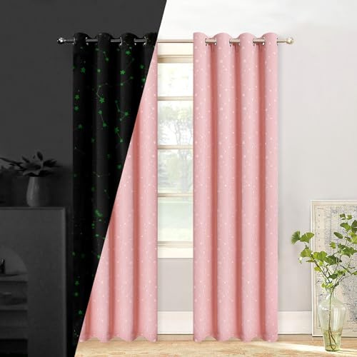 TMLTCOR Pink Blackout Curtains for Bedroom,Black Out Curtains for Living Room,Glow in The Dark Blackout Curtains Room Darkening Curtains 63 inches Long,52 in Wide Curtains,Star,2 Panels