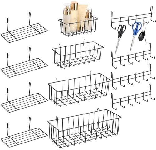 Yaocom 12-teiliges Wandgitter-Hängekorb-Regalhaken-Set mit 4 Körben, 4 geraden Drahtregalen und 4 Haken, Drahtzubehör für Aufbewahrung, Präsentations-Organizer (schwarz)