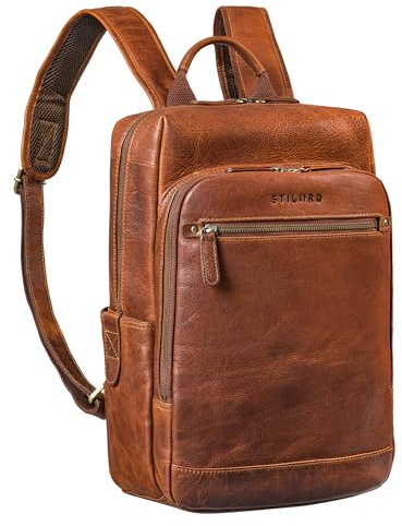 STILORD 'Yuki' läderryggsäck herr business vintage ryggsäck för 13,3 tum MacBook laptop ryggsäck modern dagryggsäck för universitet arbete kontor äkta läder, medium stor, Kara - konjak, S