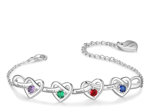 kaululu Personalisierte Damen Armband mit Gravur Namen Herz Armband mit Geburtssteinen für Mama Frau Oma Frauen Jewerly Geschenke Weihnachten Muttertag
