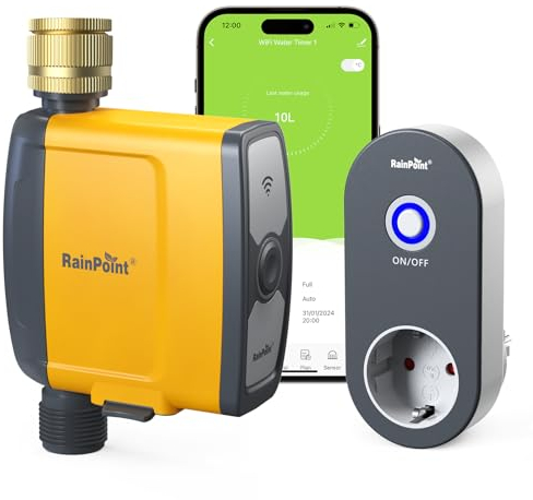 RAINPOINT Centralina Irrigazione WiFi 2.4GHz, Ingresso in Ottone, Computer Irrigazione Automatica con App/Controllo Vocale, Irrigazione Basata Sull'umidità del Terreno/Meteo