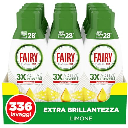 Fairy Platinum Gel Lavastoviglie, 336 Lavaggi, Extra Brillantezza, Limone | Extra brillantezza, profumo di limone