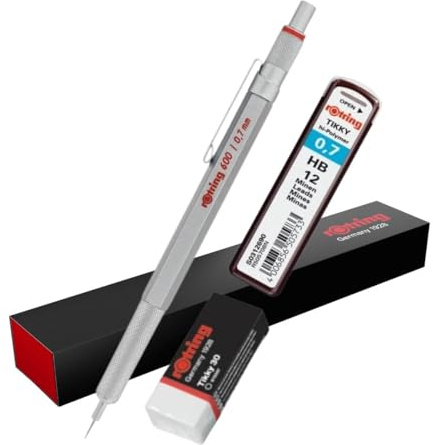 rOtring 600 0.7 Druckbleistift Silber mit HB 0,7 Nachfüllpack und Radiergummi Tikky 30