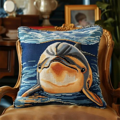 RKFLGEW DIY knüpfen set erwachsene Fantasie Delfin knüpfkissen Wasserlebewesen 3D-Kissen-Materialpaket，Knüpfhaken-Sticksets，DIY-Teppichkissen，Häkelkissenbezug für Zuhause 43x43cm