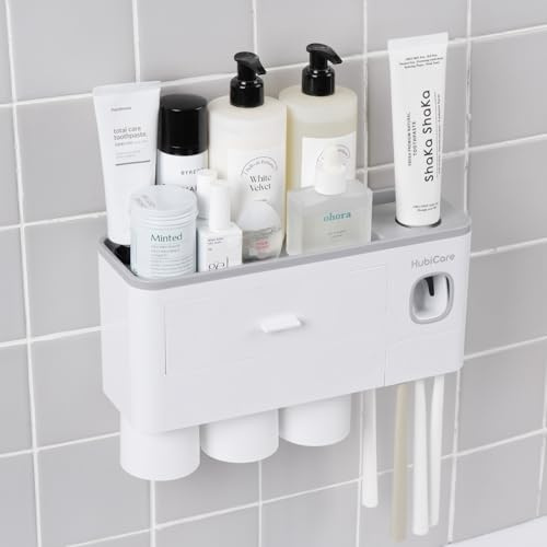 HubiCare Zahnbürstenhalter mit Zahnpastaspender zur Wandmontage für Badezimmer, automatischer Zahnpastaquetscher, 5 Zahnbürstenfächer, 1 Kosmetikschublade (3 Tassen, Halter)
