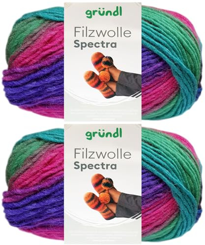 2x100 Gramm Gründl Filzwolle Spectra aus 100% reiner Schurwolle inkl. Anleitung für Filzschuhe (08 Mystery Multicolor)
