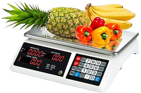Bascula balanza Comercial para Pesar Fruta, verdura Peso 40kg Suma 2 en 1 bateria interna y corriente 220V inalambrica pantalla delantera y trasera