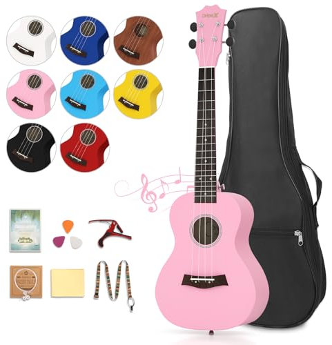 Dripex 23 Zoll Konzert Ukulele Set - Kleine Gitarre Kit für Erwachsene und Kinder, Anfänger Mit Tasche, Tuner, Gurt, Bedienungsanleitung, Saite (Rosa)