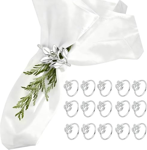 Serviettenringe Silber, 16 Stück Metall Serviettenschnallen, Blattform Napkin Rings, Elegante Servietten Schnallen, Napkin Rings für Thanksgiving, Hochzeiten, Ostern, Weihnachten, Tischdekoration