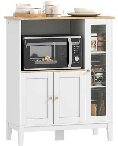 HOMCOM Mueble Auxiliar de Cocina Moderno Mueble para Microondas Aparador de Cocina con Estantes 3 Puertas Compartimiento Abierto y Sistema Anti-vuelco para Comedor 80x35x97 cm Blanco