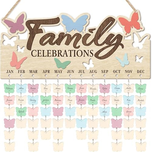 CHDITB Familien-Geburtstagskalender, Wandbehang mit 100 DIY-Tags, Pastell-Schmetterlings-Geburtstagskalender, Holzbrett (40 x 19 cm), für Geburtstagsfeiern, Erinnerung, Tracker-Plakette für Zuhause