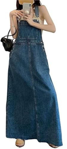 Jieroans Women's Long Dungaree Dress, Denim Dungaree Skirt, Sleeveless Elegant Denim Skirt, Denim Overall Dress(XXL)