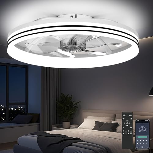 AIKVSXER Ceiling Fan with Light,20 Flush Mount Ceiling Fan,6 Speeds,3000-6500K Dimmable LED, App & Remote Control, Quiet DC Motor, for Bedroom, Living Room Modern Ceiling Fans with Lights(White)