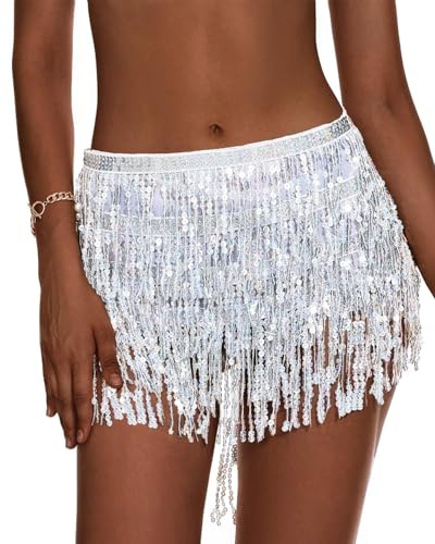 TPZORJX Glitzer Rock Pailletten Rock Quasten Bauchtanz Damen Fransen Festival Glitzerrock Rave Bauchtanz Kostüm, Quastenrock für Fasching Karneval Party Festival - Silber