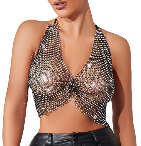 JIAHG Top en Maille Club Sexy Femmes Débardeur à Paillettes Col V Dos Nu Soutien-Gorge Transparent Haut à Sequin Bar Plage Crop Top Clubwear Dancewear Jazz Latine