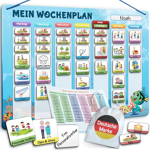 LIKARTO Wochenplaner Kinder - Montessori Aufgabenplaner & Magnettafel, Blau | Magnettafel mit über 190 Magneten, beschreib- und abwischbar, für Termine, Aktivitäten, Routinen, individuell anpassbar